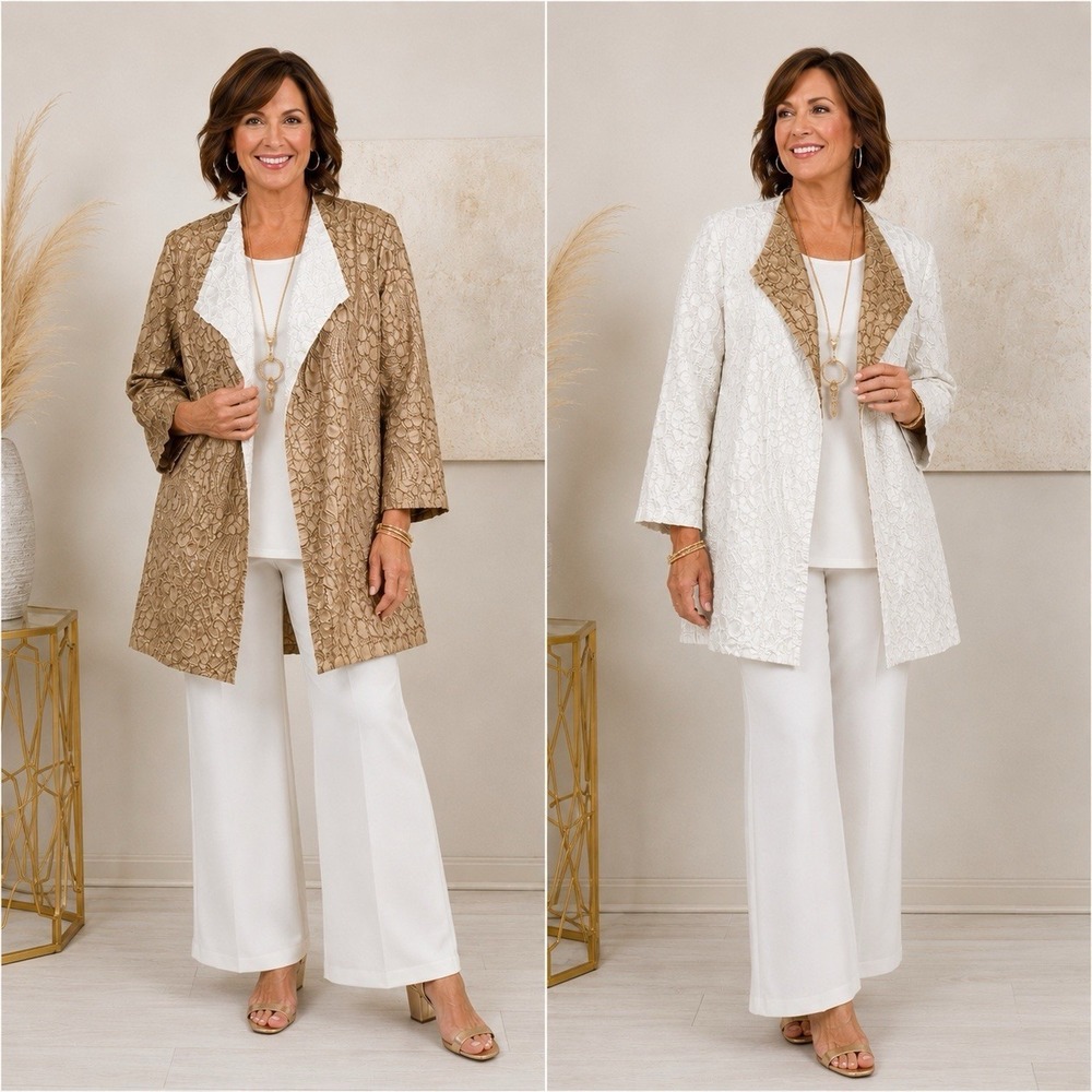 Chicos Reversible Travelers Jacket Duster Champagne Gold Ivory Open Front Sz L